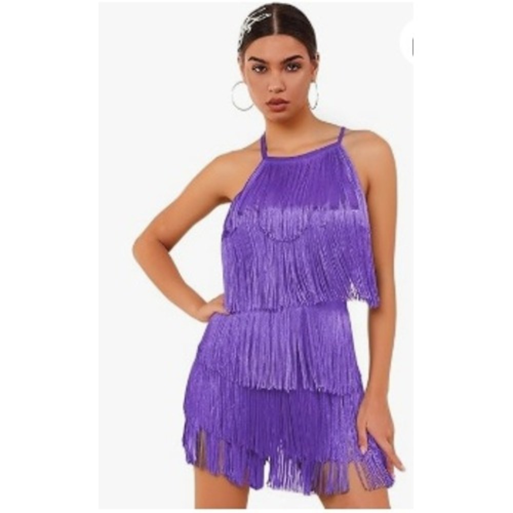 Women's Purple Fringe‎ Halter Dress Flapper Gatsby Party Festival Size XL